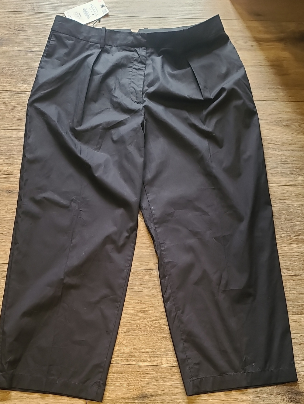 NWT Zara Black Super Lightweight Cropped Wide Leg Pleated Trousers XL